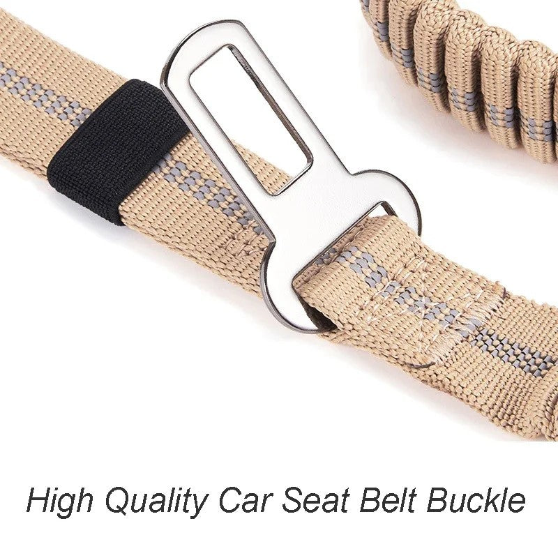 Close-up of the metal car seat-belt tongue on reflective khaki webbing