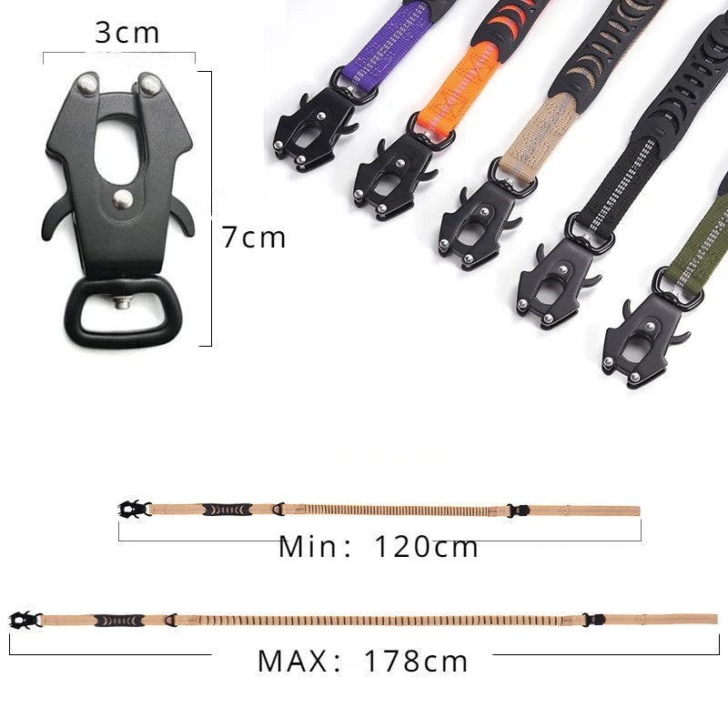 Dimensions: adjusts from 120 cm to 178 cm, carabiner 3 x 7 cm, in khaki, black and green