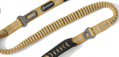 Bungee leash shown flat with carabiner and seat-belt clip